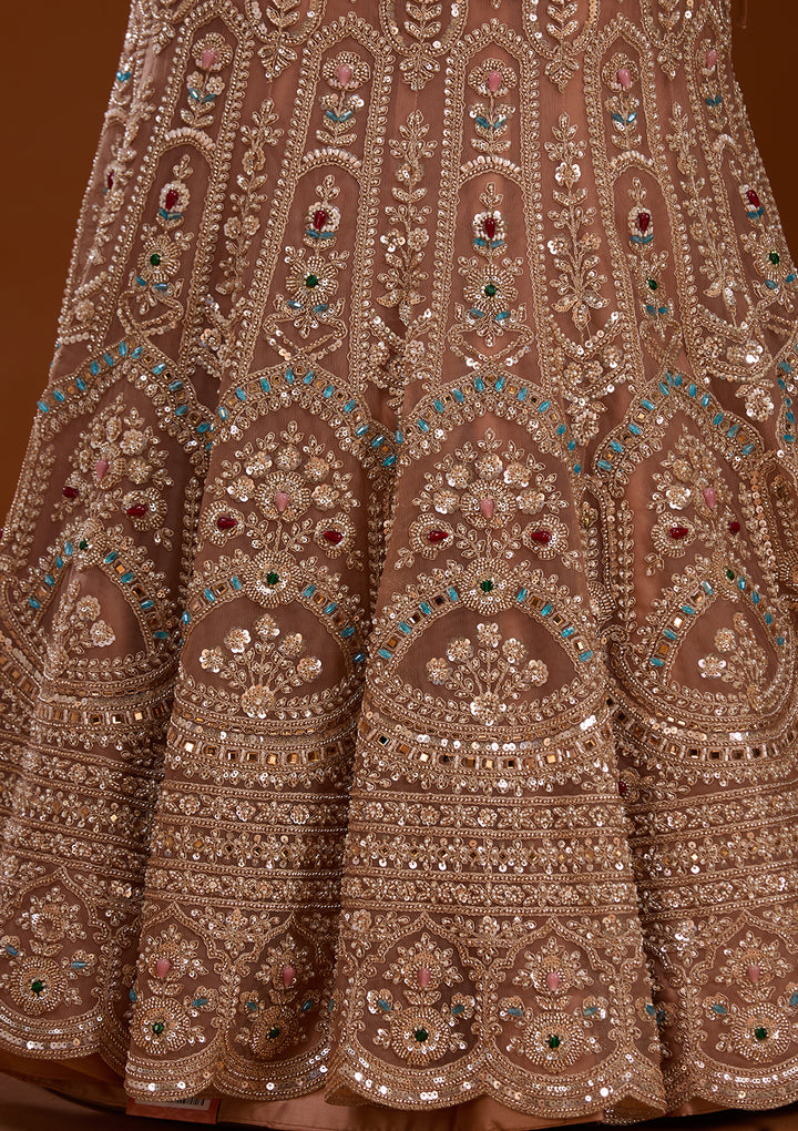 Gold Stonework Peach Net Stitched Lehenga Blouse With Dupatta