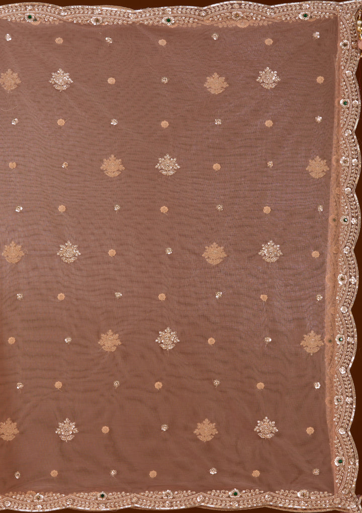 Gold Stonework Peach Net Stitched Lehenga Blouse With Dupatta