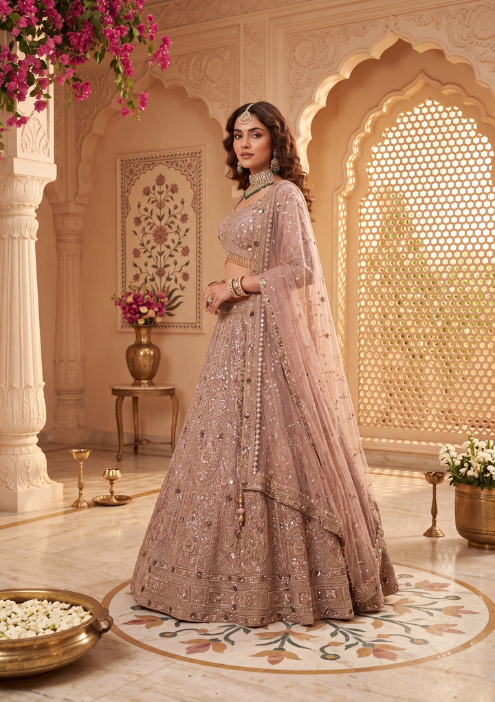 Baby Pink Cutdana Net Readymade Lehenga