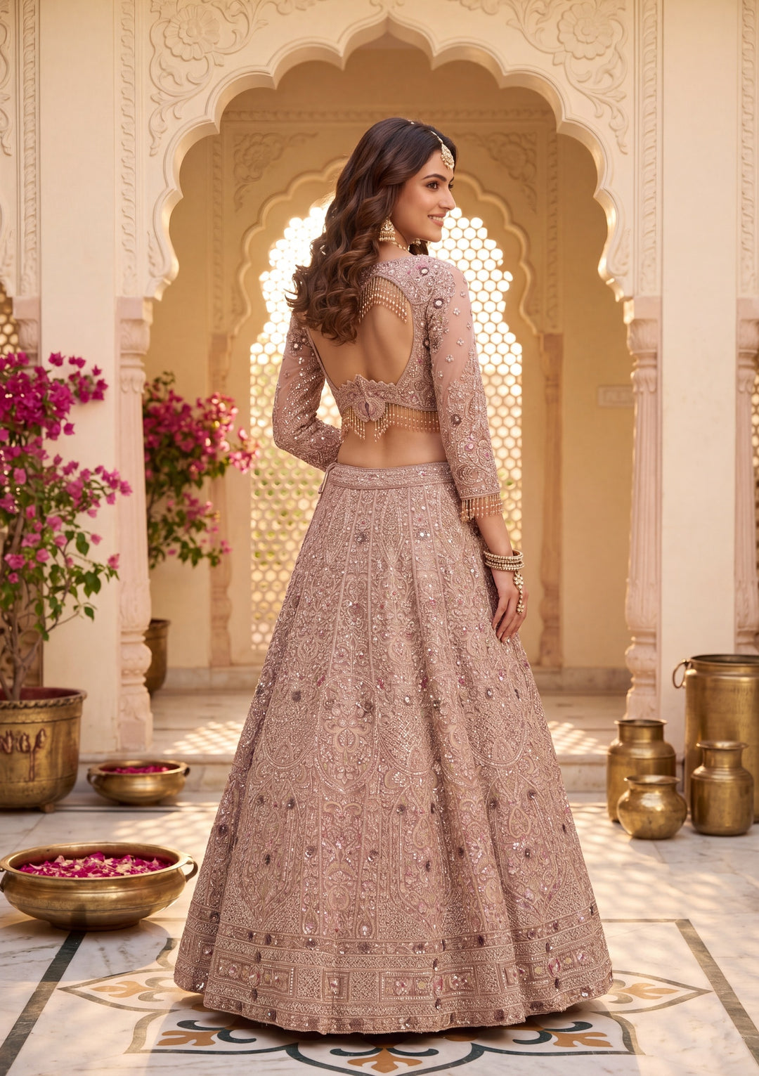 Baby Pink Cutdana Net Readymade Lehenga