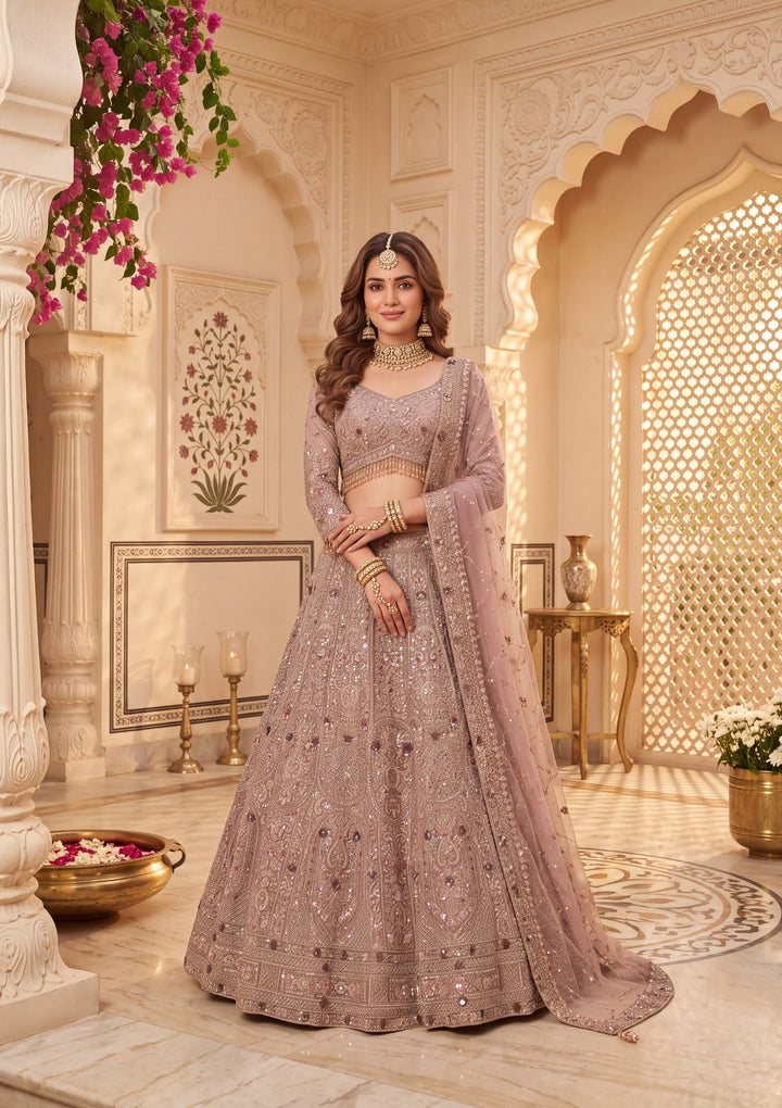 Baby Pink Cutdana Net Readymade Lehenga