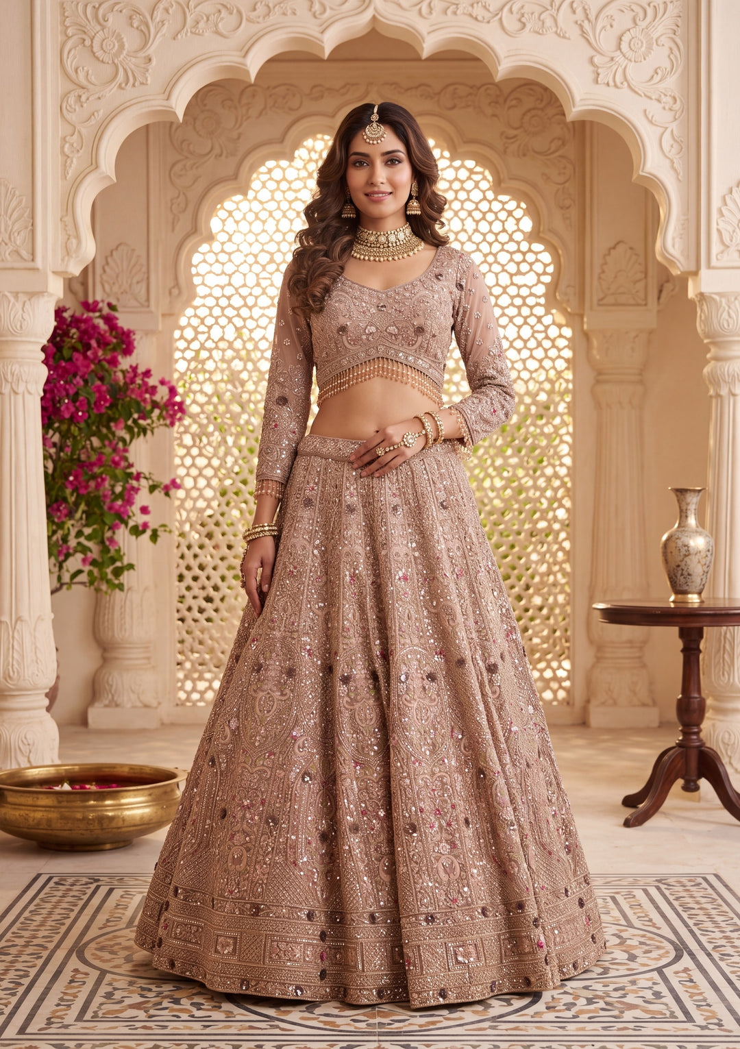 Baby Pink Cutdana Net Readymade Lehenga