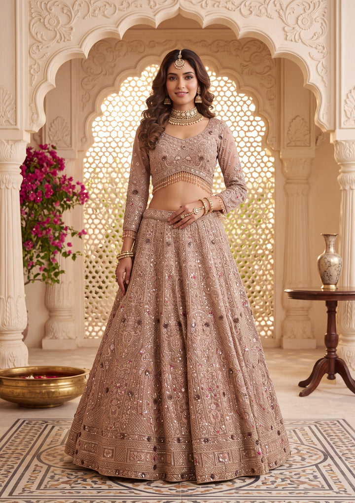 Baby Pink Cutdana Net Readymade Lehenga