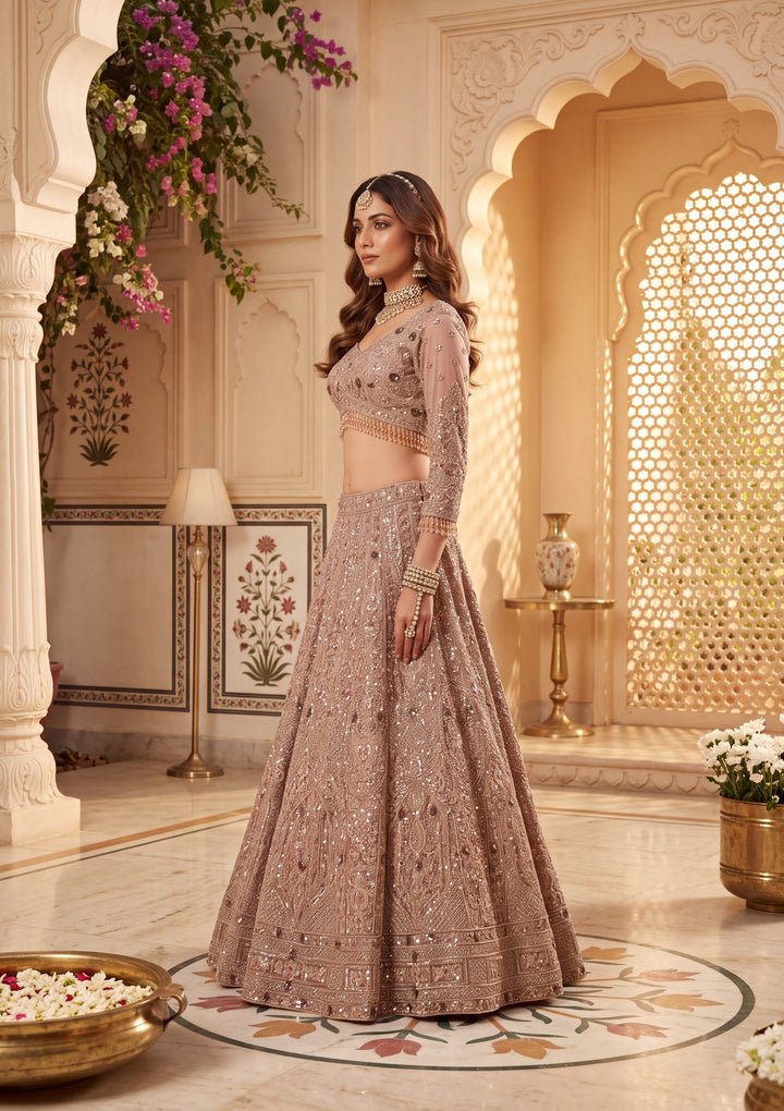 Baby Pink Cutdana Net Readymade Lehenga