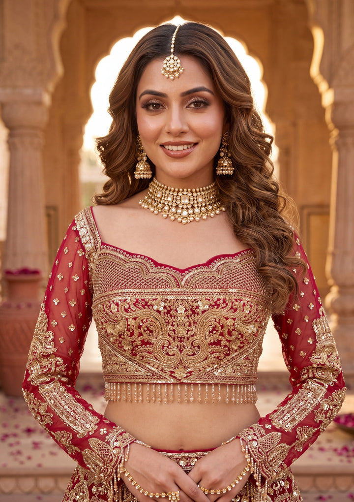 Cutdana Maroon Net Stitched Lehenga Blouse With Dupatta