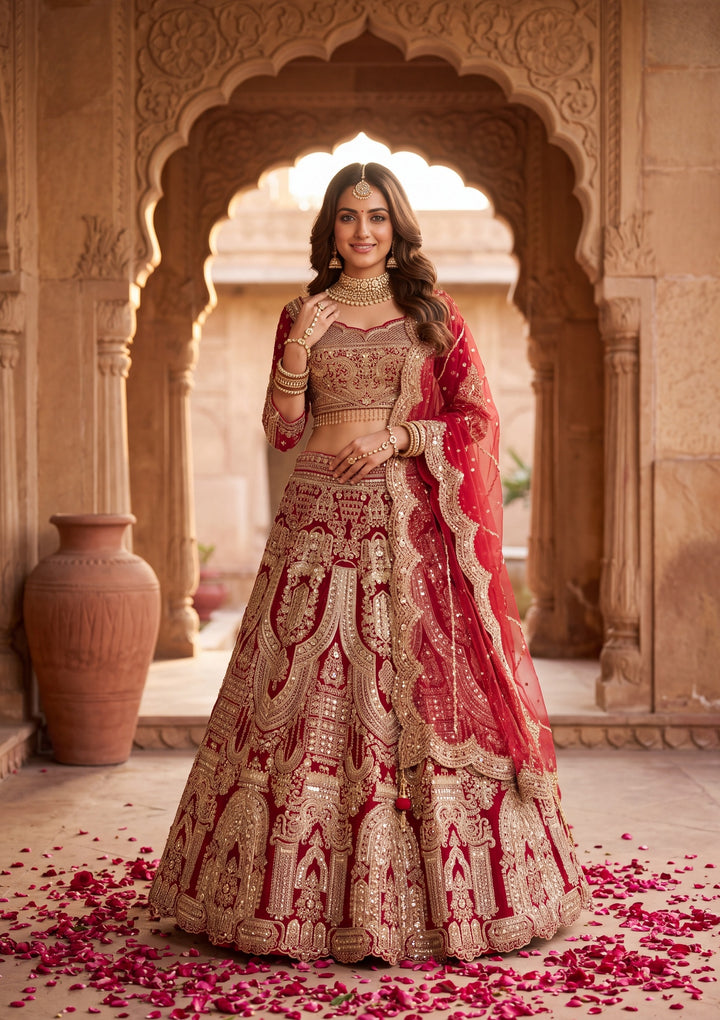 Cutdana Maroon Net Stitched Lehenga Blouse With Dupatta