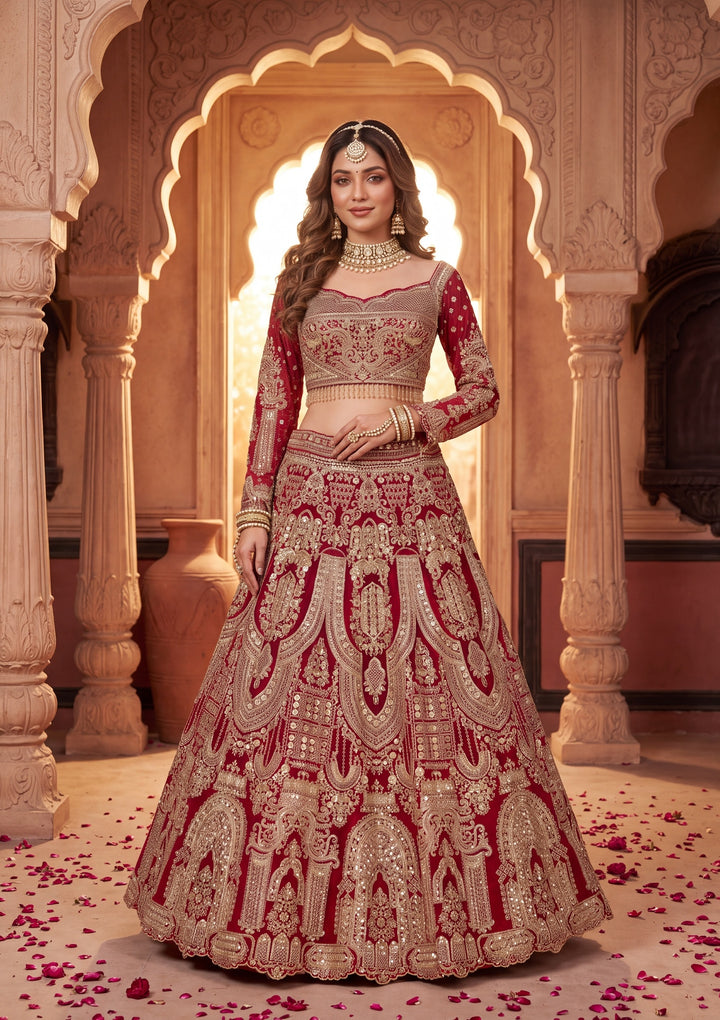 Cutdana Maroon Net Stitched Lehenga Blouse With Dupatta