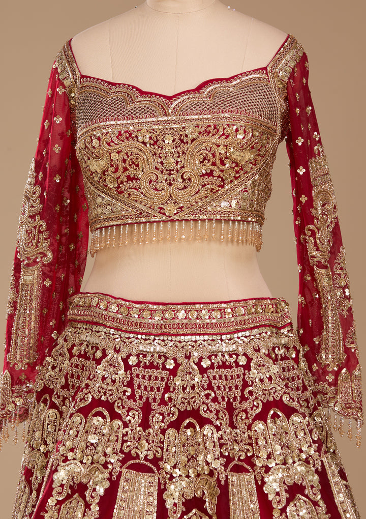 Cutdana Maroon Net Stitched Lehenga Blouse With Dupatta