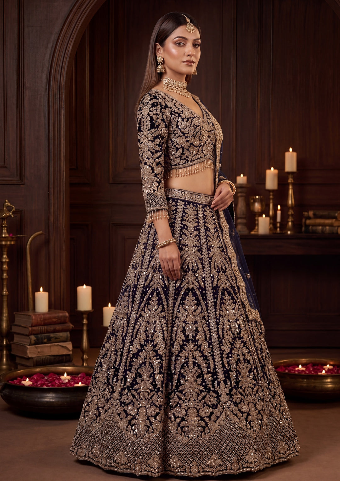 Cutdana Navy Blue Velvet Stitched Lehenga Blouse With Dupatta