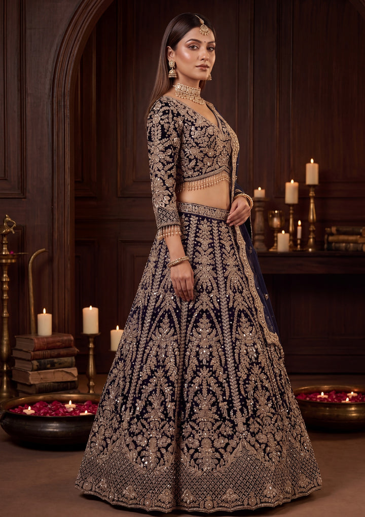 Cutdana Navy Blue Velvet Stitched Lehenga Blouse With Dupatta