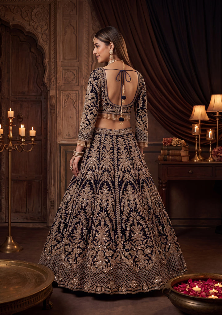 Cutdana Navy Blue Velvet Stitched Lehenga Blouse With Dupatta