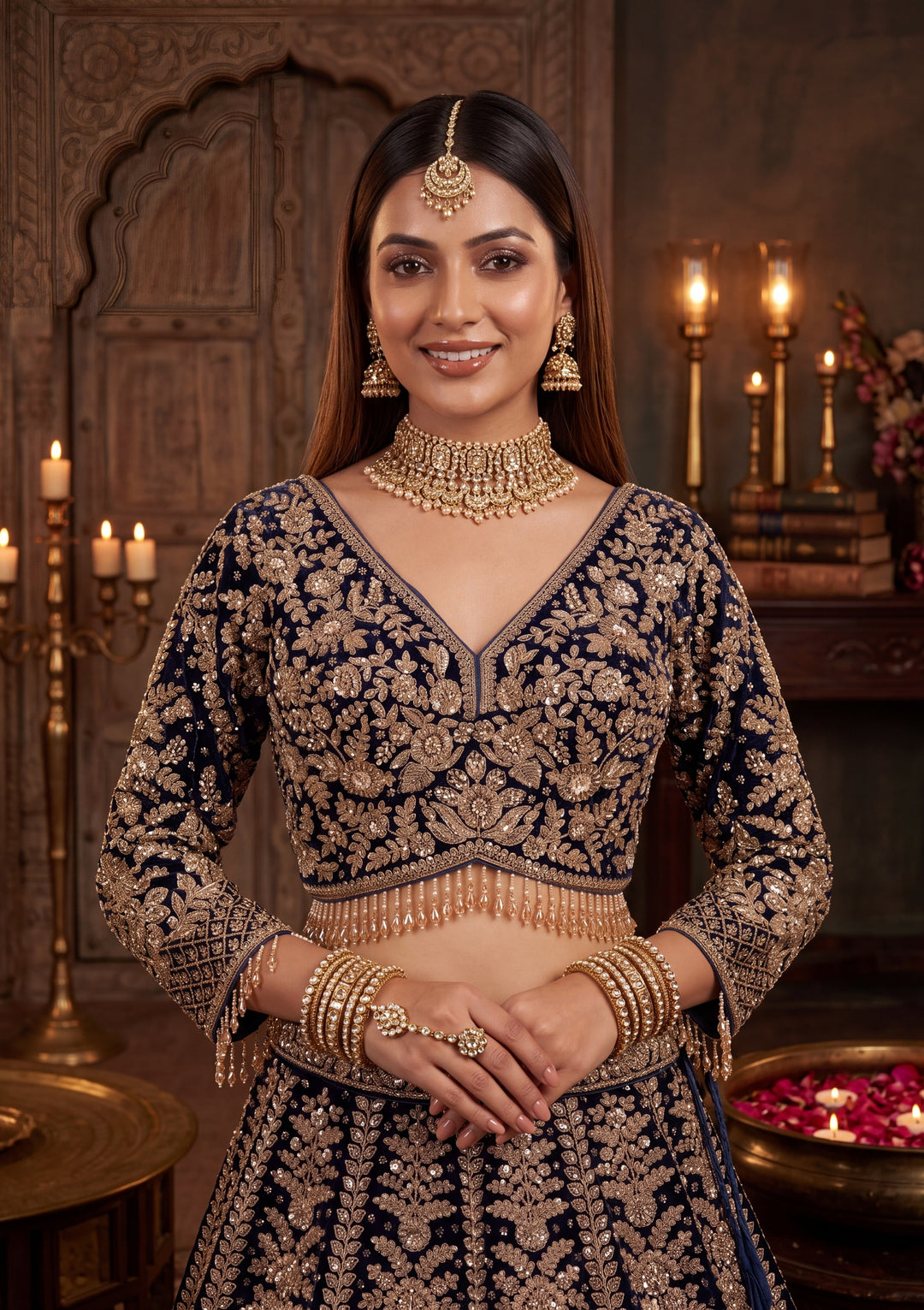 Cutdana Navy Blue Velvet Stitched Lehenga Blouse With Dupatta