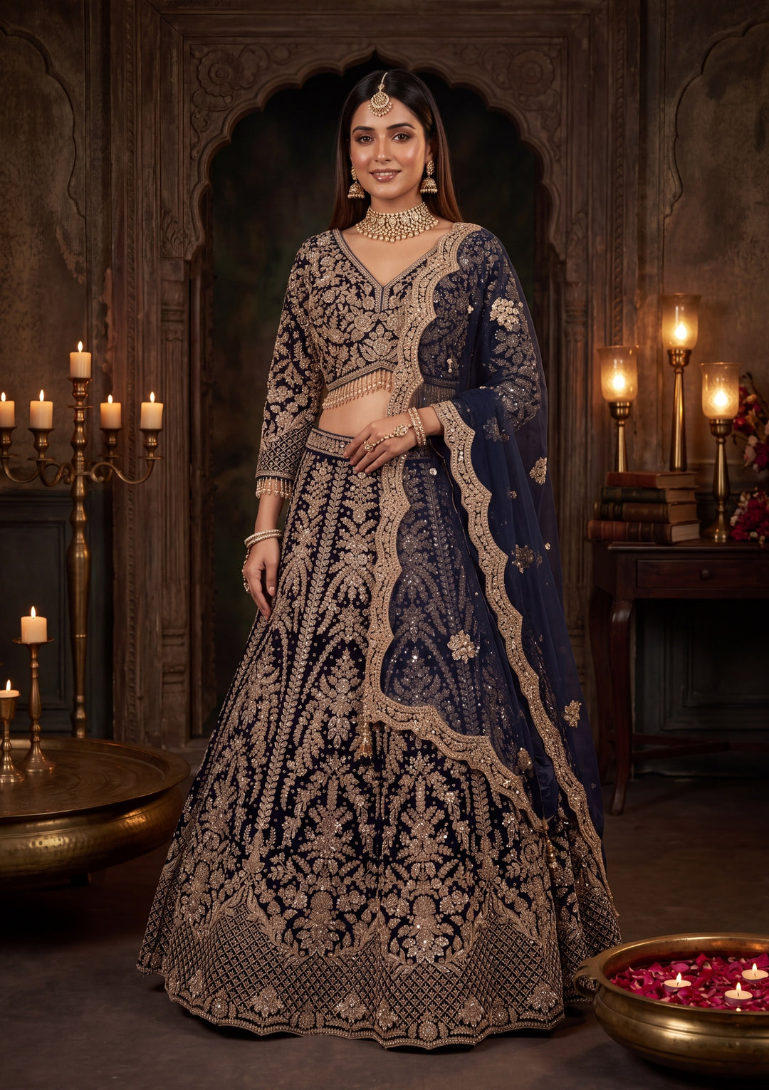 Cutdana Navy Blue Velvet Stitched Lehenga Blouse With Dupatta
