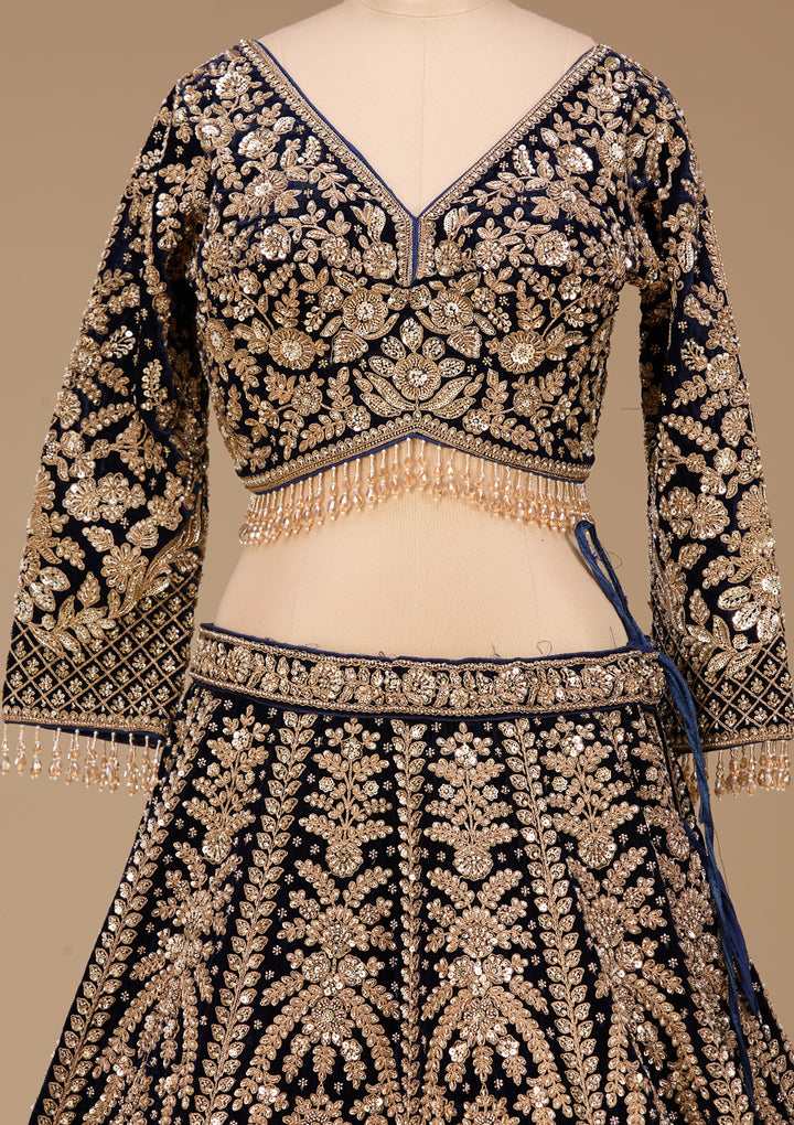 Cutdana Navy Blue Velvet Stitched Lehenga Blouse With Dupatta
