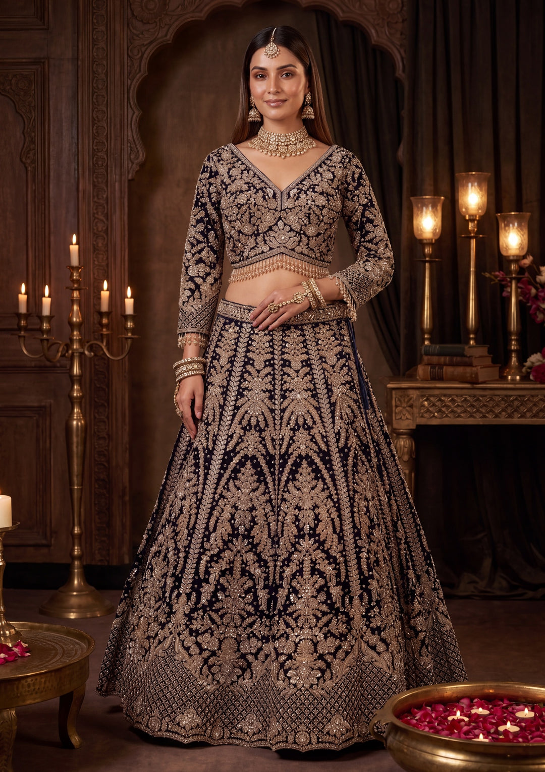 Cutdana Navy Blue Velvet Stitched Lehenga Blouse With Dupatta