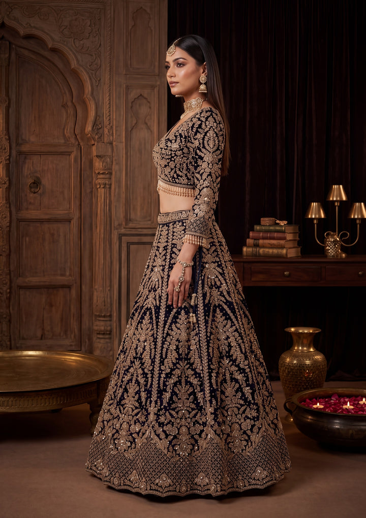 Cutdana Navy Blue Velvet Stitched Lehenga Blouse With Dupatta