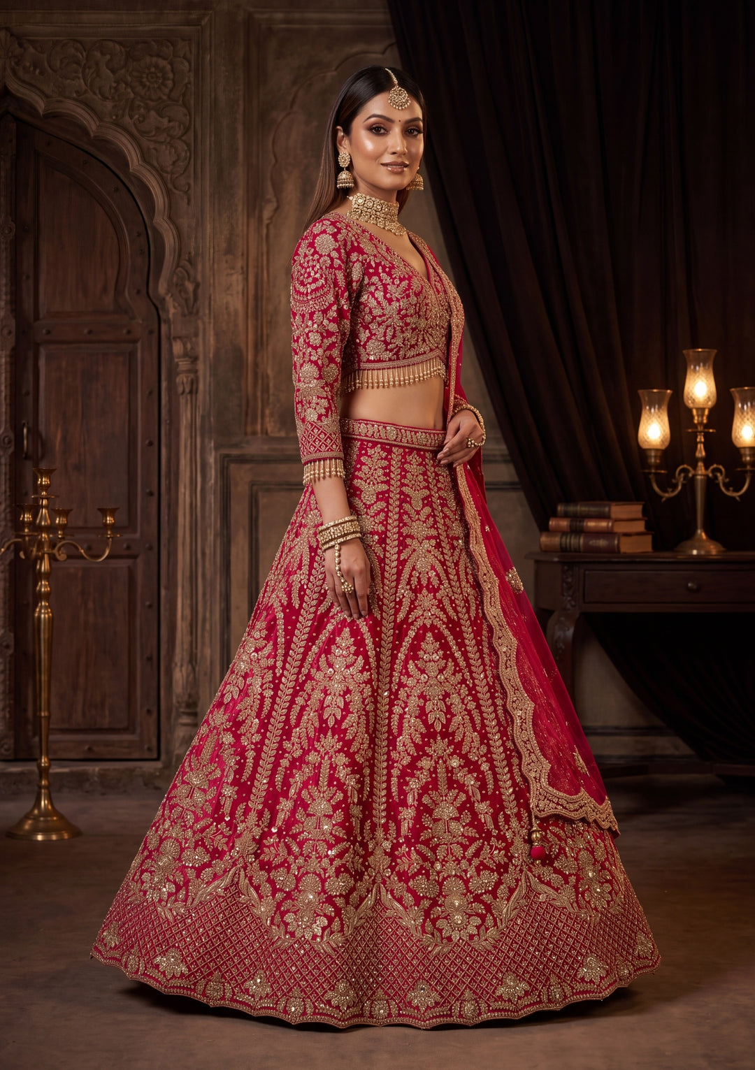Cutdana Rani Pink Velvet Stitched Lehenga Blouse With Dupatta
