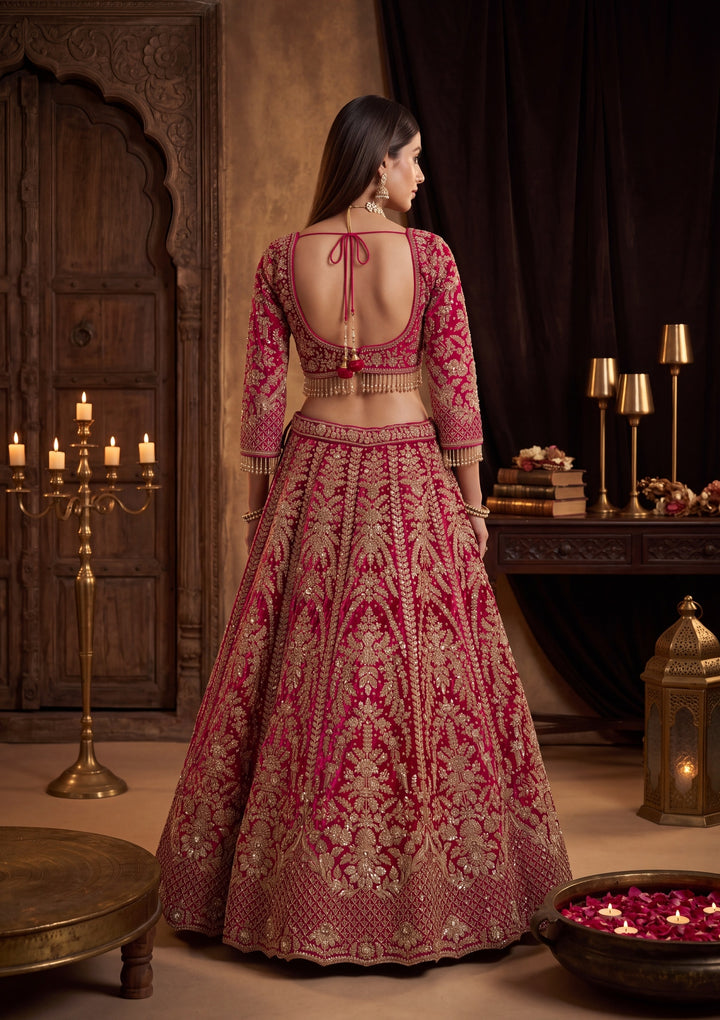 Cutdana Rani Pink Velvet Stitched Lehenga Blouse With Dupatta