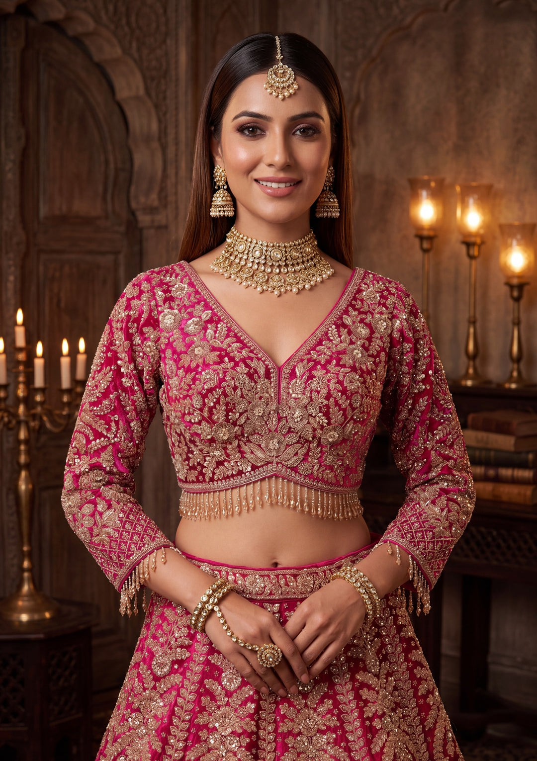Cutdana Rani Pink Velvet Stitched Lehenga Blouse With Dupatta