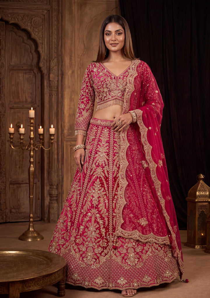 Cutdana Rani Pink Velvet Stitched Lehenga Blouse With Dupatta