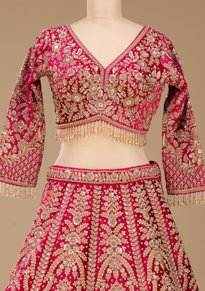 Cutdana Rani Pink Velvet Stitched Lehenga Blouse With Dupatta