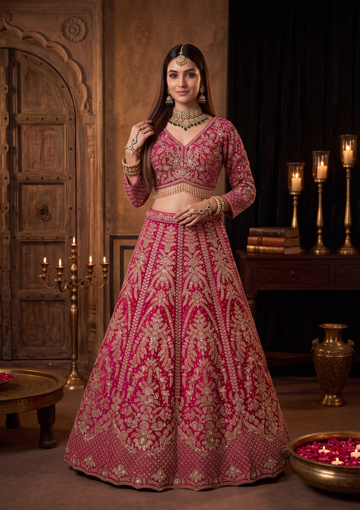 Cutdana Rani Pink Velvet Stitched Lehenga Blouse With Dupatta