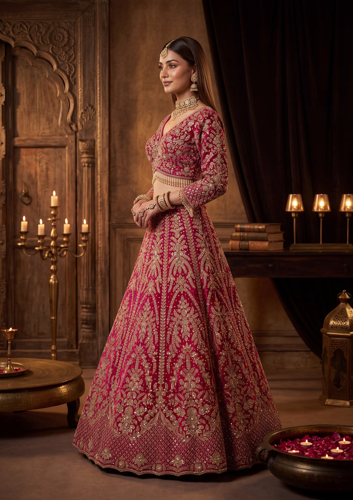 Cutdana Rani Pink Velvet Stitched Lehenga Blouse With Dupatta