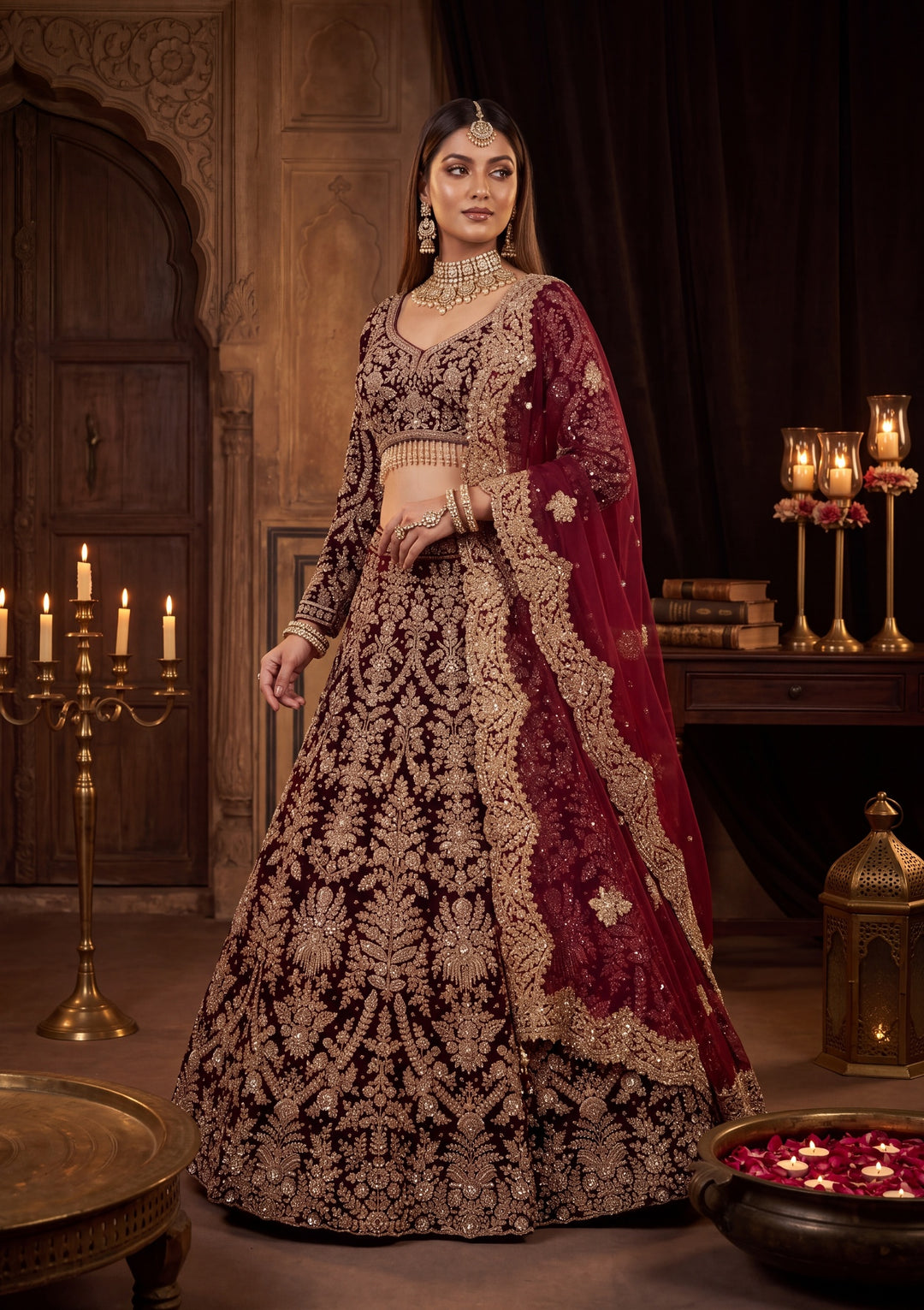 Cutdana Maroon Velvet Stitched Lehenga Blouse With Dupatta