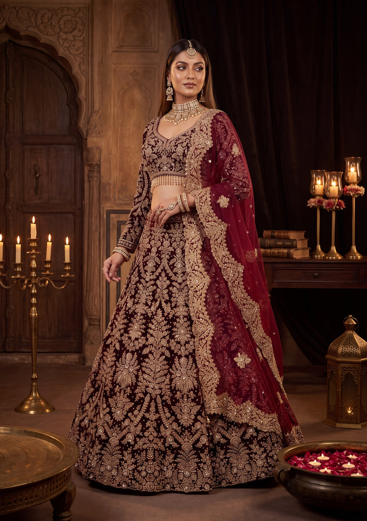 Cutdana Maroon Velvet Stitched Lehenga Blouse With Dupatta