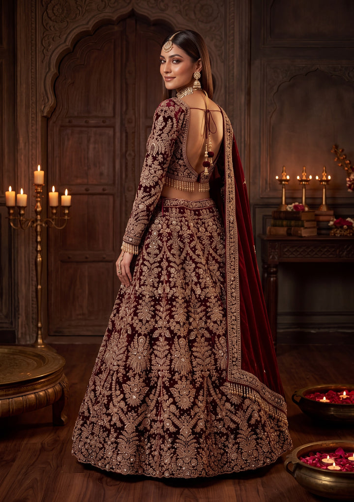 Cutdana Maroon Velvet Stitched Lehenga Blouse With Dupatta