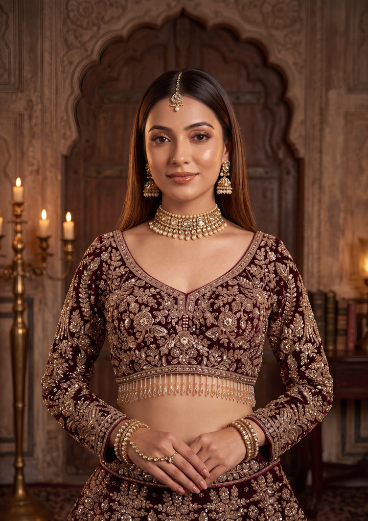 Cutdana Maroon Velvet Stitched Lehenga Blouse With Dupatta