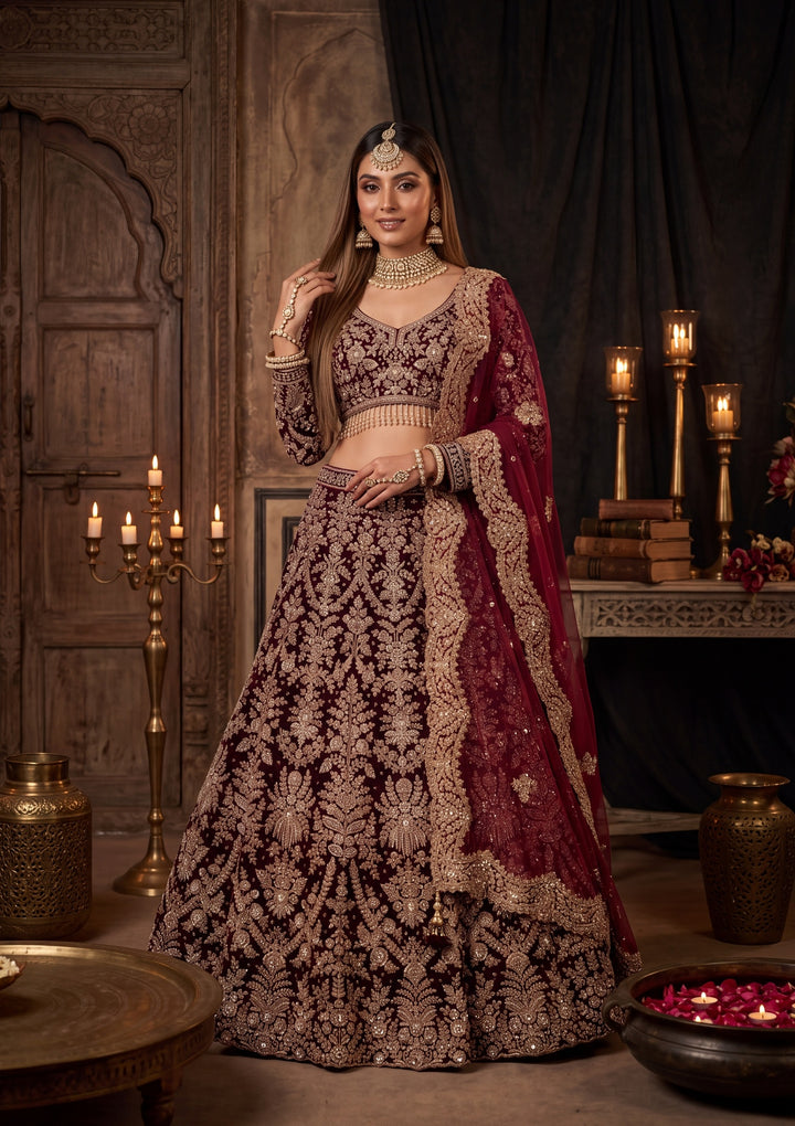 Cutdana Maroon Velvet Stitched Lehenga Blouse With Dupatta