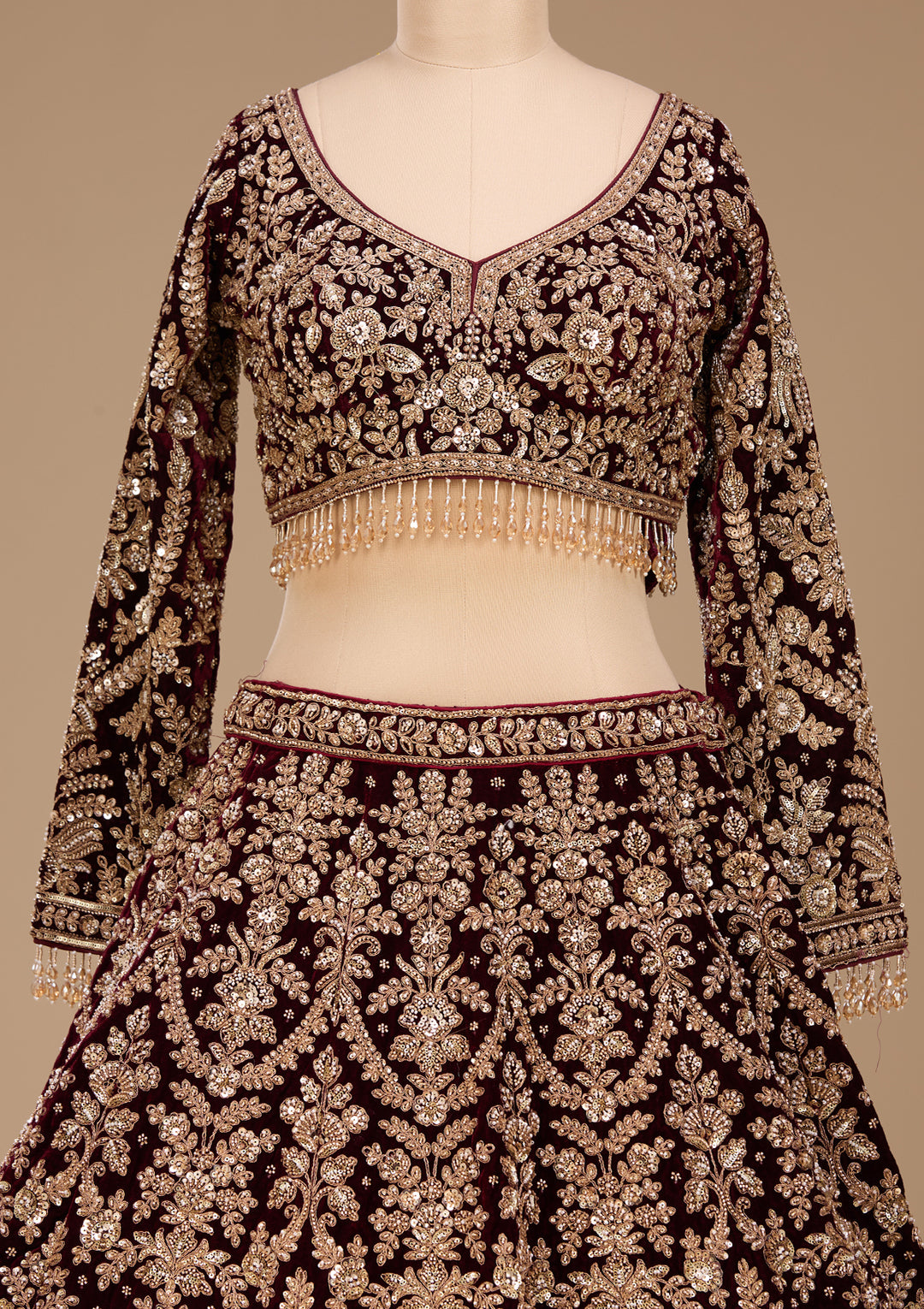 Cutdana Maroon Velvet Stitched Lehenga Blouse With Dupatta