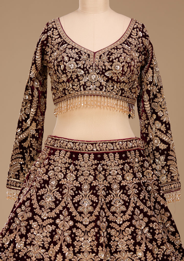 Cutdana Maroon Velvet Stitched Lehenga Blouse With Dupatta