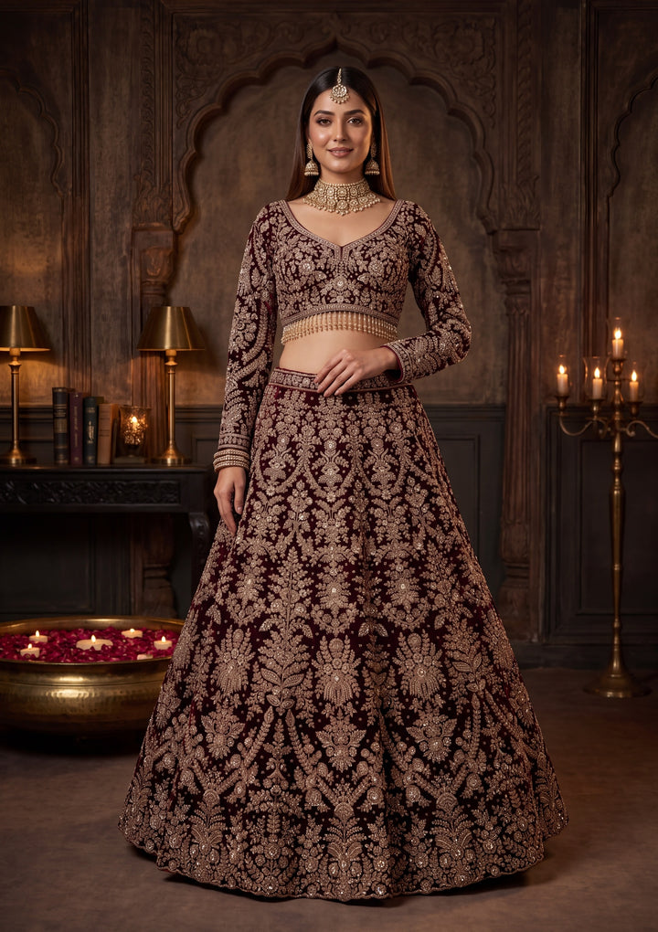 Cutdana Maroon Velvet Stitched Lehenga Blouse With Dupatta