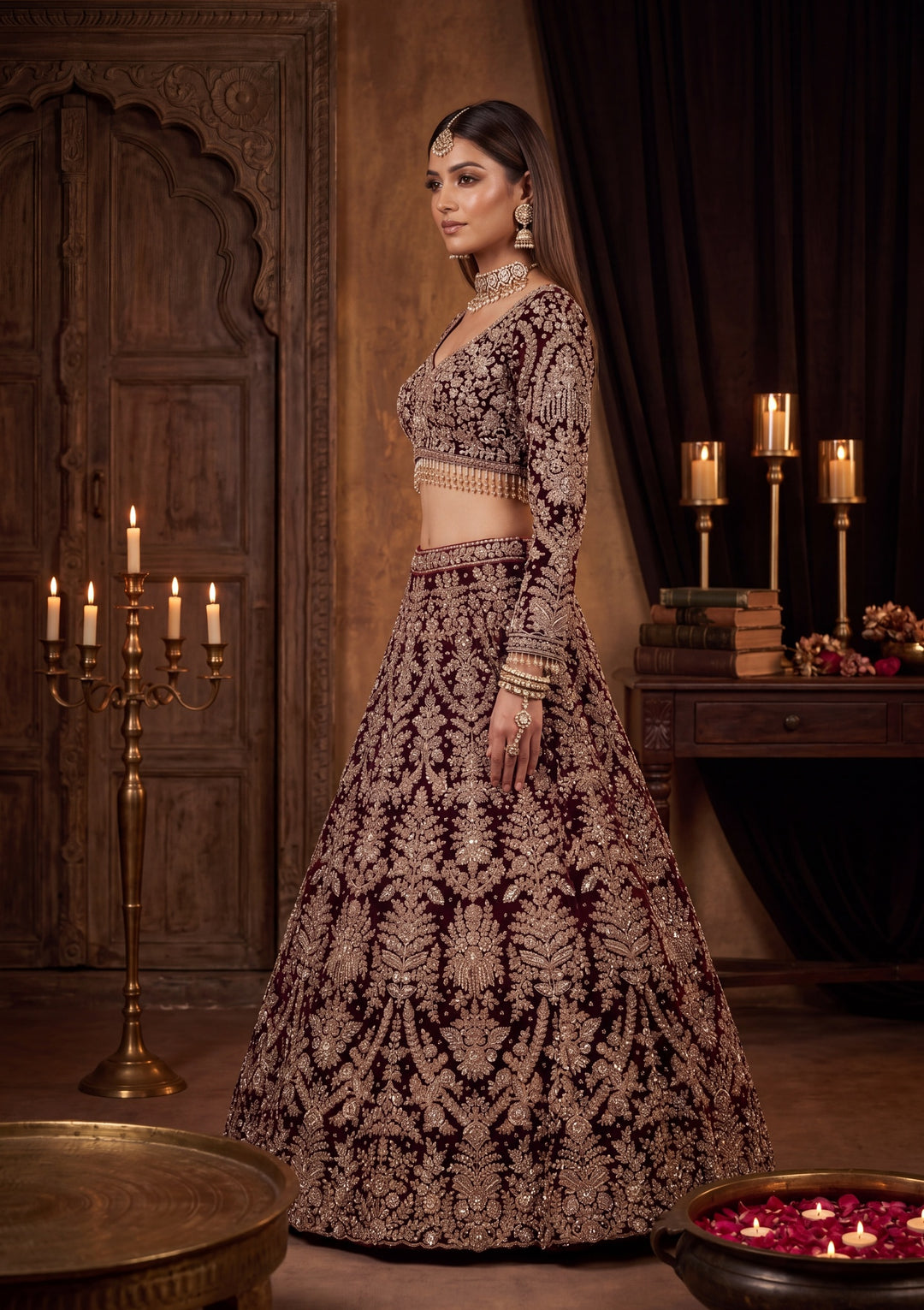 Cutdana Maroon Velvet Stitched Lehenga Blouse With Dupatta