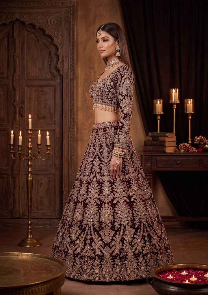 Cutdana Maroon Velvet Stitched Lehenga Blouse With Dupatta