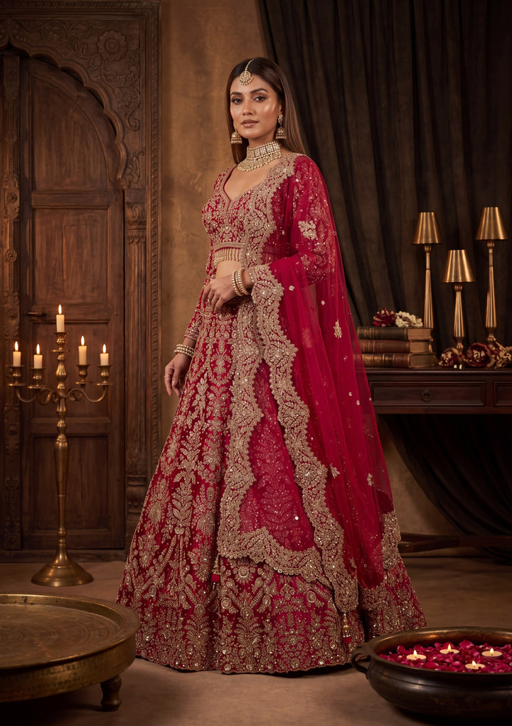 Cutdana Rani Pink Velvet Stitched Lehenga Blouse With Dupatta