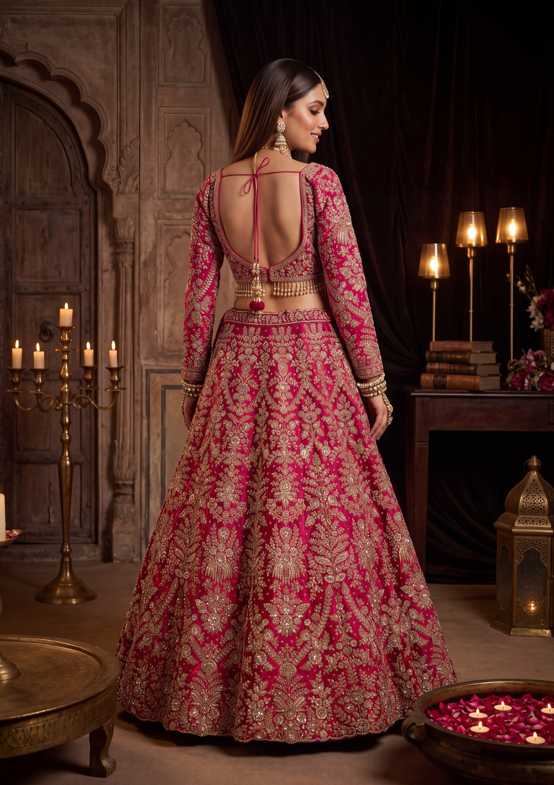 Cutdana Rani Pink Velvet Stitched Lehenga Blouse With Dupatta