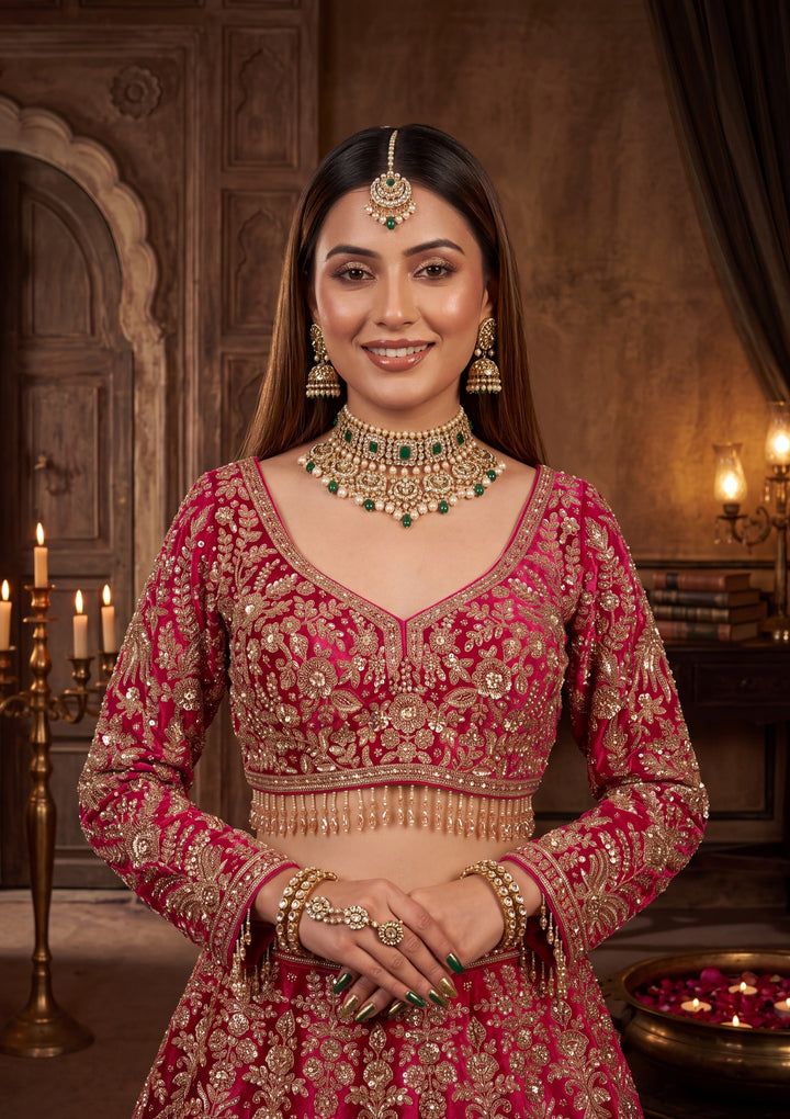 Cutdana Rani Pink Velvet Stitched Lehenga Blouse With Dupatta