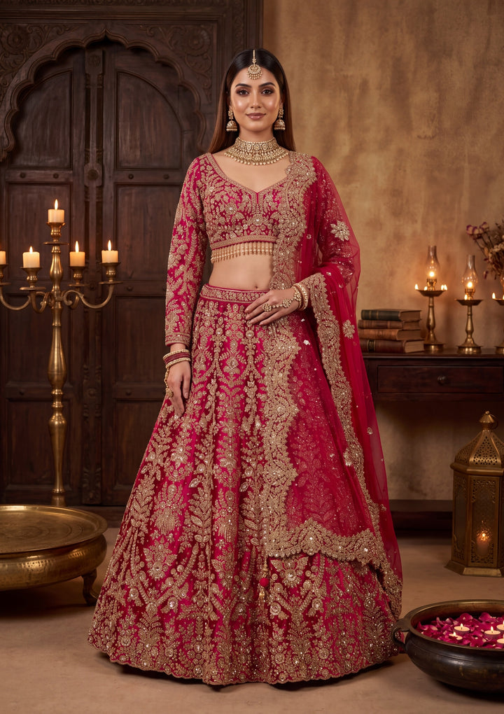 Cutdana Rani Pink Velvet Stitched Lehenga Blouse With Dupatta