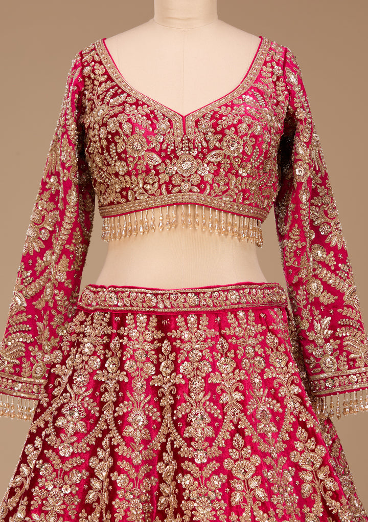 Cutdana Rani Pink Velvet Stitched Lehenga Blouse With Dupatta