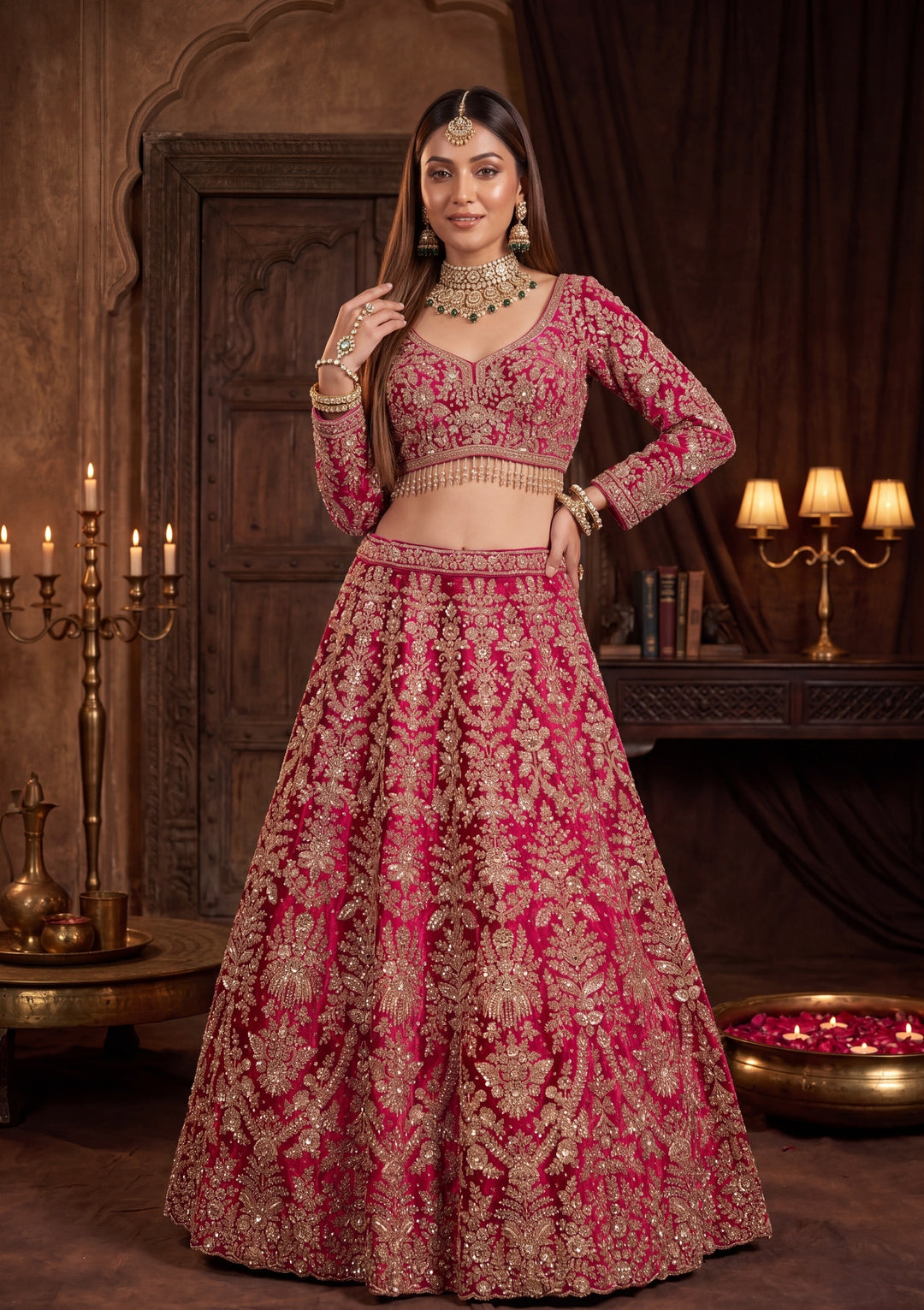 Cutdana Rani Pink Velvet Stitched Lehenga Blouse With Dupatta
