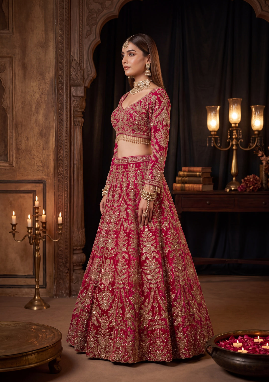 Cutdana Rani Pink Velvet Stitched Lehenga Blouse With Dupatta