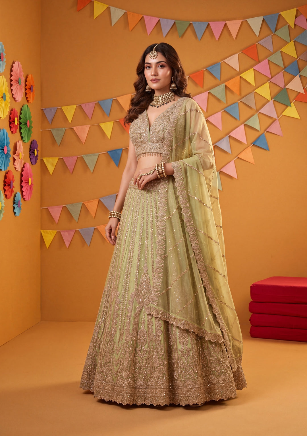 Cording Pista Green Net Stitched Lehenga Blouse With Dupatta