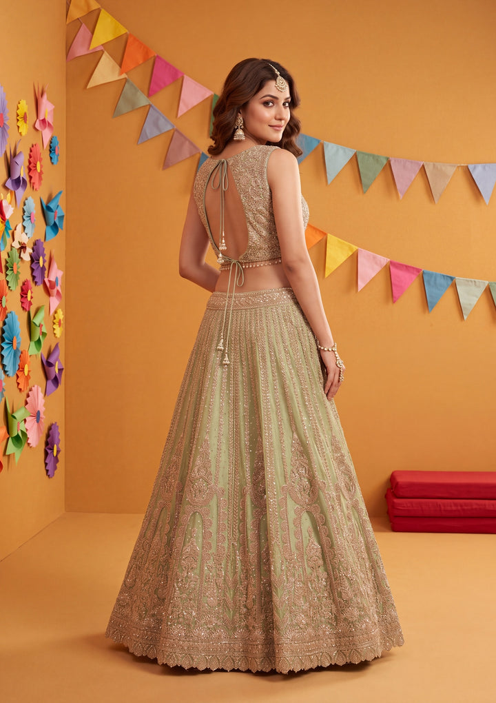 Cording Pista Green Net Stitched Lehenga Blouse With Dupatta