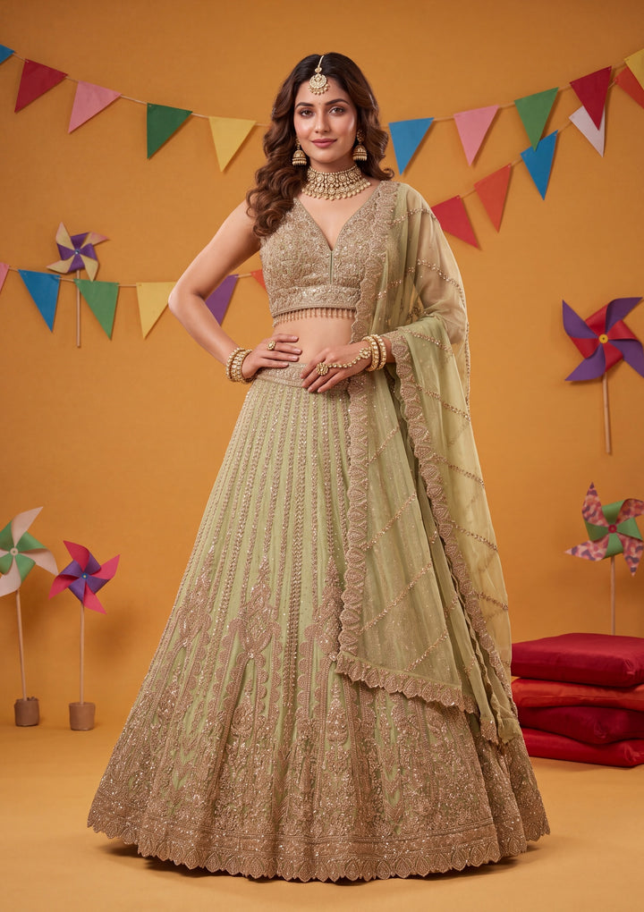 Cording Pista Green Net Stitched Lehenga Blouse With Dupatta