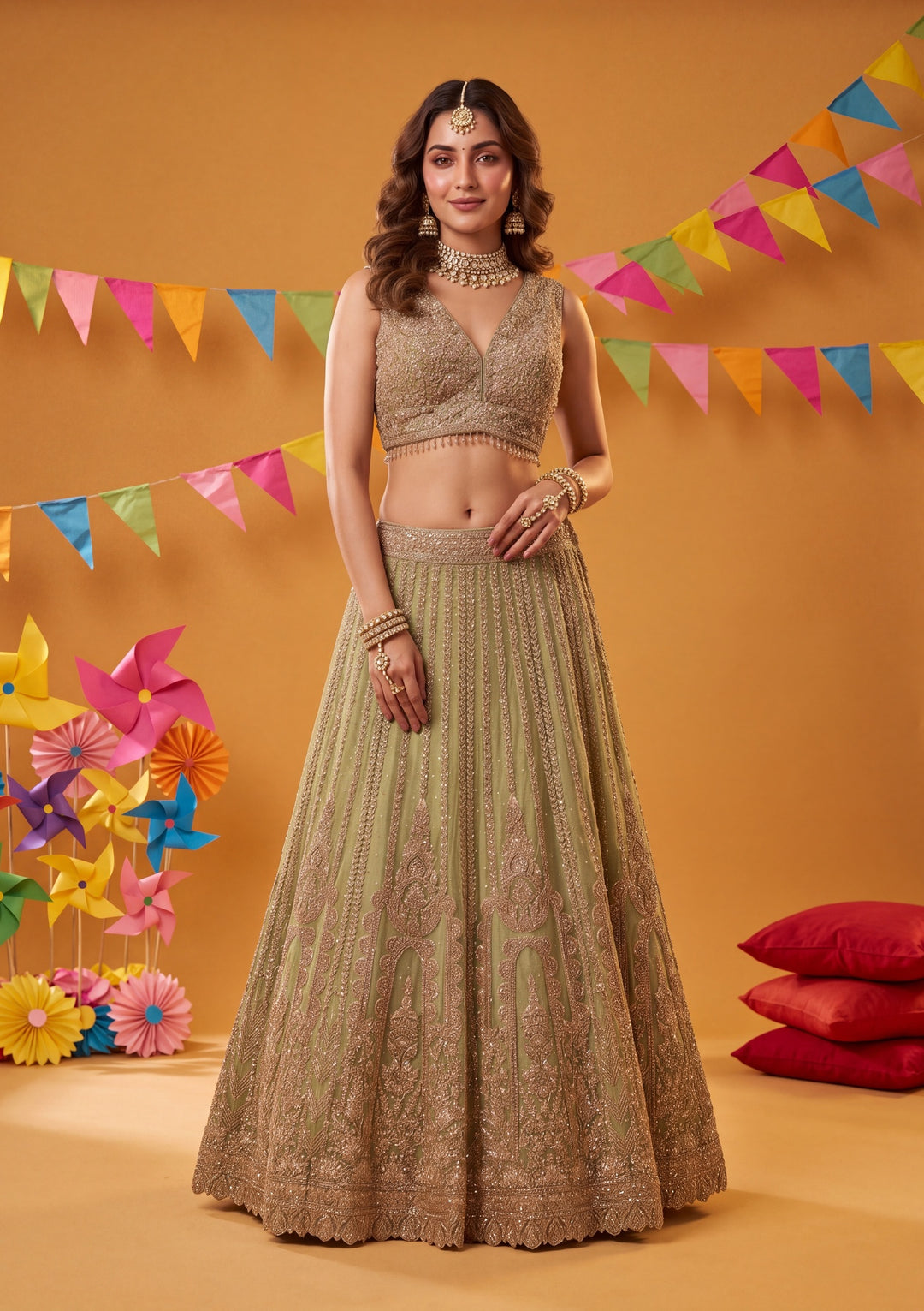 Cording Pista Green Net Stitched Lehenga Blouse With Dupatta