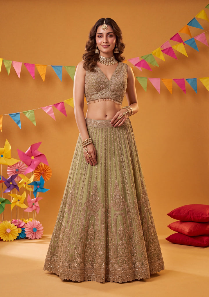 Cording Pista Green Net Stitched Lehenga Blouse With Dupatta