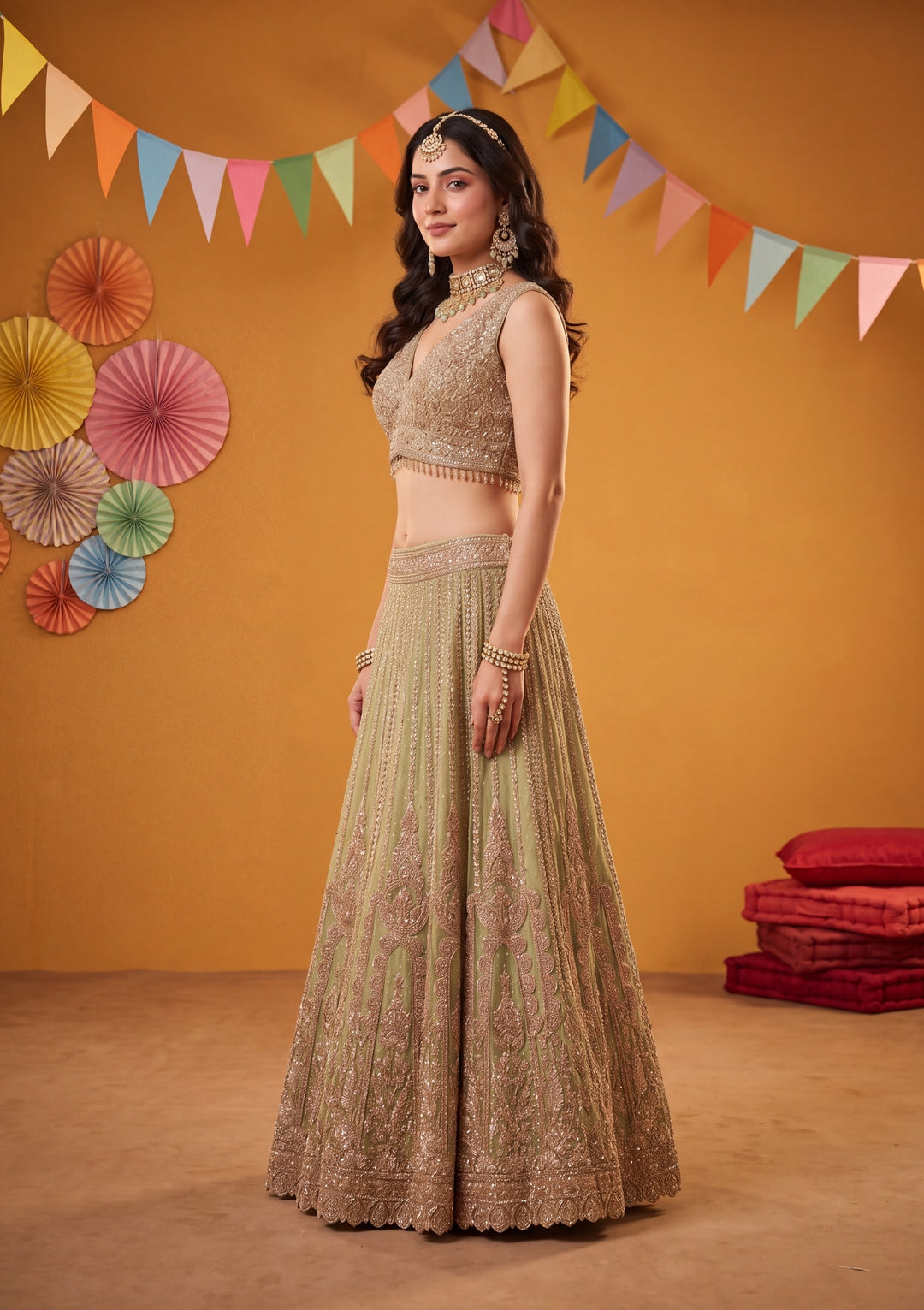 Cording Pista Green Net Stitched Lehenga Blouse With Dupatta